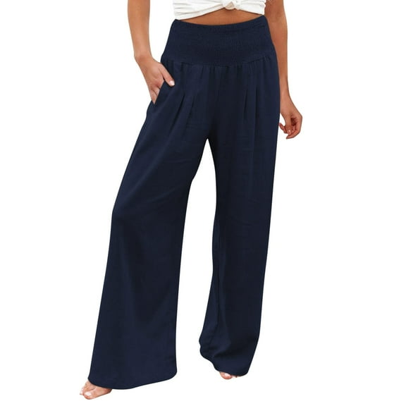 Summer Pants for Women High Waist Wide Leg Palazzo Pants For Women Smocked Elastic Waist Loose Comfy Casual Pajama Pockets Comfy plus Size plus Size Casual Rompers Straight Leg Corduroy Blue 5XL