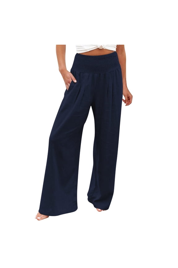 Summer Pants for Women High Waist Wide Leg Palazzo Pants For Women Smocked Elastic Waist Loose Comfy Casual Pajama Pockets Comfy plus Size plus Size Casual Rompers Straight Leg Corduroy Blue 5XL