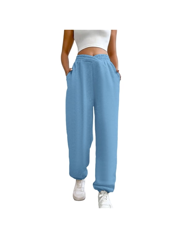 Summer Pants for Women High Waisted Pants Casual Basic Elastic Trousers Workout Solid Joggers With Pockets Womens Stretch with Pockets Tall for Women Fashion Sweatpants Investments Womens Blue M