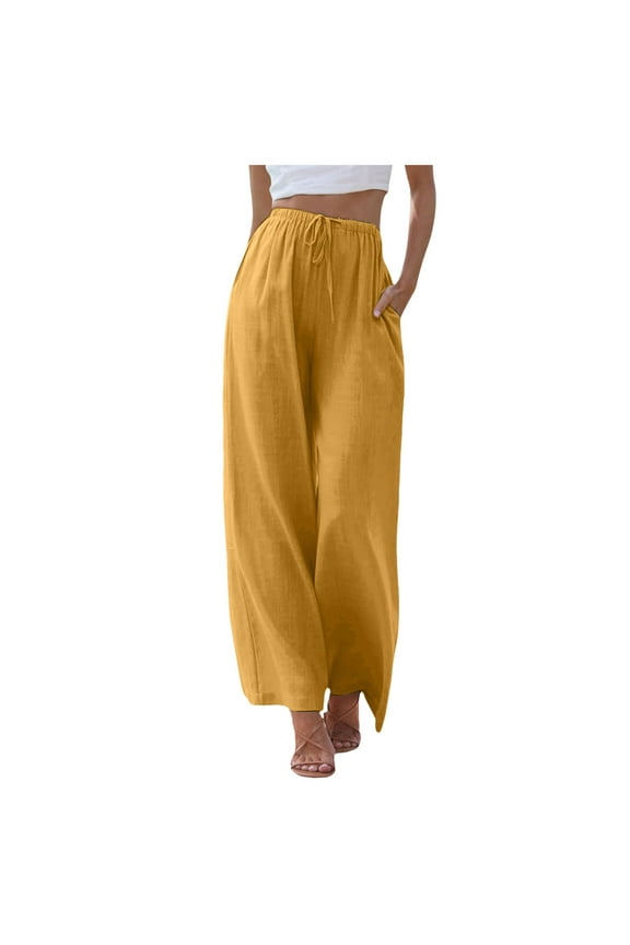 Summer Pants for Women High Waisted Wide Leg Pants Fashion Drawstring Elastic Trousers Comfy Straight Leg Long With Pockets Scrub Women Flare High Waist Denim Track plus Size Track Pant Yellow M