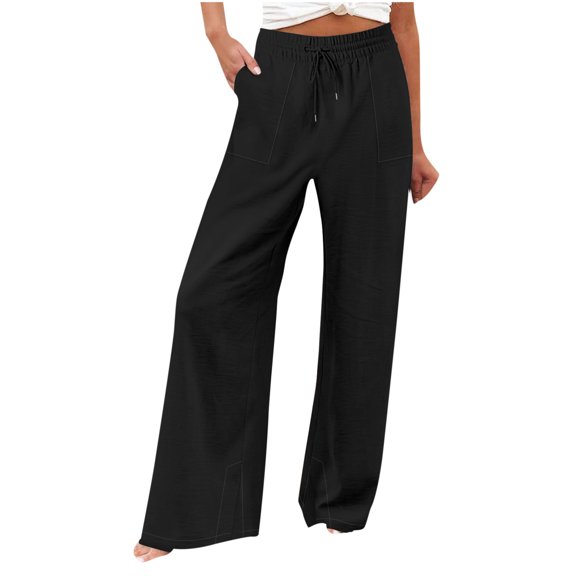 Summer Pants for Women Ladies Casual Fashion Commuting Solid Color Elastic Waist Trousers Wide Leg Pants Women Drawstring Sweatpants plus Size Beach Cute Fall Clothes Cropped Girls Black S