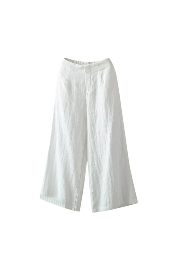 Summer Pants for Women Linen Casual Wide Leg Elastic Waist Palazzo Culottes Trousers Pants Sequin Flare Women Work for Long Womens Linen Summer Size 16 Warm Yoga White 2XL