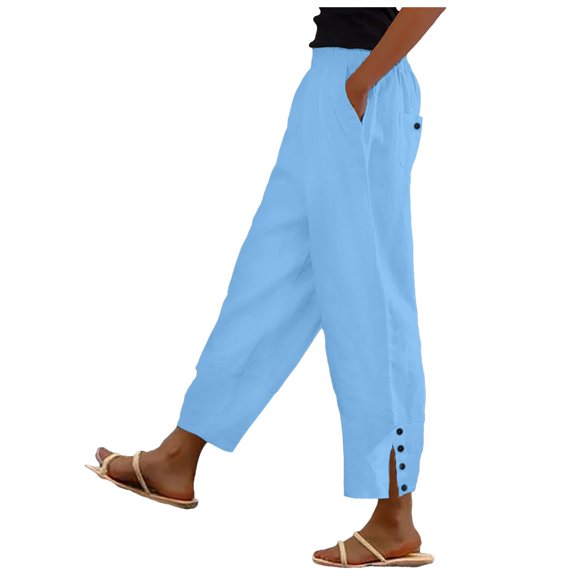 Summer Pants for Women Linen Cropped Pants Elastic Waist Drawstring With Pockets Solid Color Buttons Summer Casual Sequin Wide Leg Women Work Outfits Jumpsuits for Straight Leg plus Stretch Blue 2XL