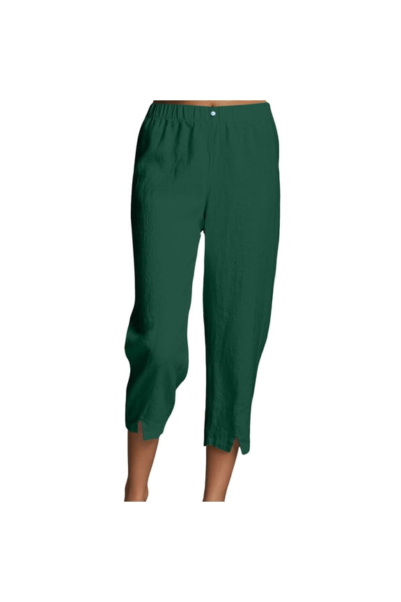Summer Pants for Women Linen Harem Pants Summer Elastic High Waist Split Hem Work Tapered Casual Cropped Trousers plus Size Work for Women Slim Trousers Drawstring Cargo Vintage Green 2XL