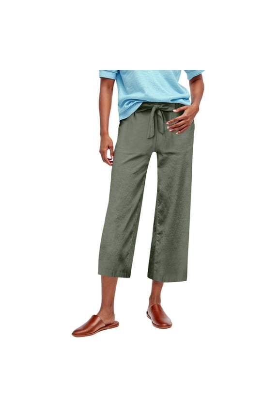 Summer Pants for Women Linen High Waisted Drawstring Culotte Pants Summer Elastic Waist Wide Leg Cropped Capri With Pockets Lady Elastic Waist Pant Training for Women Petite Sparkly Leggings Army