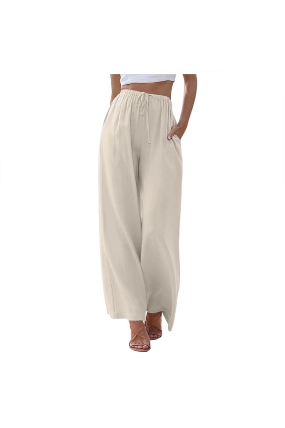 Summer Pants for Women Linen High Waisted Wide Leg Palazzo Pants For Women Casual Summer Drawstring Trousers Flowy Beach With Pockets Linen Pajamas Beach Clothes Designer Side Stripped Beige 2XL