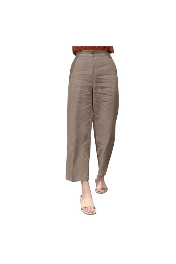 Summer Pants for Women Linen Pants Elastic Waist for Tall Women Chambray Womens Petite Casual Yoga Medium Drawstring Denim Clothes Fashion Work Fashion Khaki L
