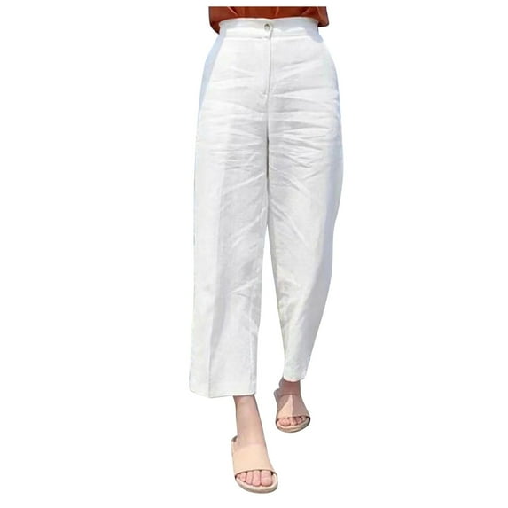 Summer Pants for Women Linen Pants Elastic Waist for Tall Women Chambray Womens Petite Casual Yoga Medium Drawstring Denim Clothes Fashion Work Fashion White 2XL