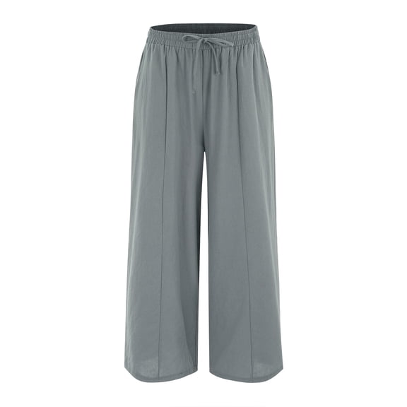 Summer Pants for Women Linen Pants Palazzo Wide Leg Drawstring Casual Loose Crop Elastic Waist Beach New Years Eve Outfits Women Fancy Wool Casual Work Clothes for Petite Trousers Grey 2XL