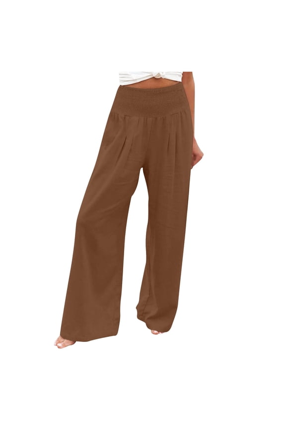 Summer Pants for Women Linen Pants For Women High Waisted Wide Leg Loose Fit Palazzo Casual Beach Trendy Trouses With Two Pockets Travel Ware Summer Cute Fall Clothes Print Coffee L