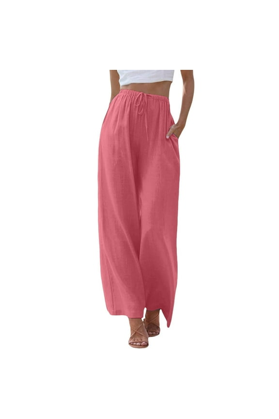 Summer Pants for Women Linen Summer Palazzo Pants Flowy Wide Leg Beach With Pockets for Women Work Maternity Winter Long Womens Casual Extra Long Dress Tall plus Hot Pink 2XL