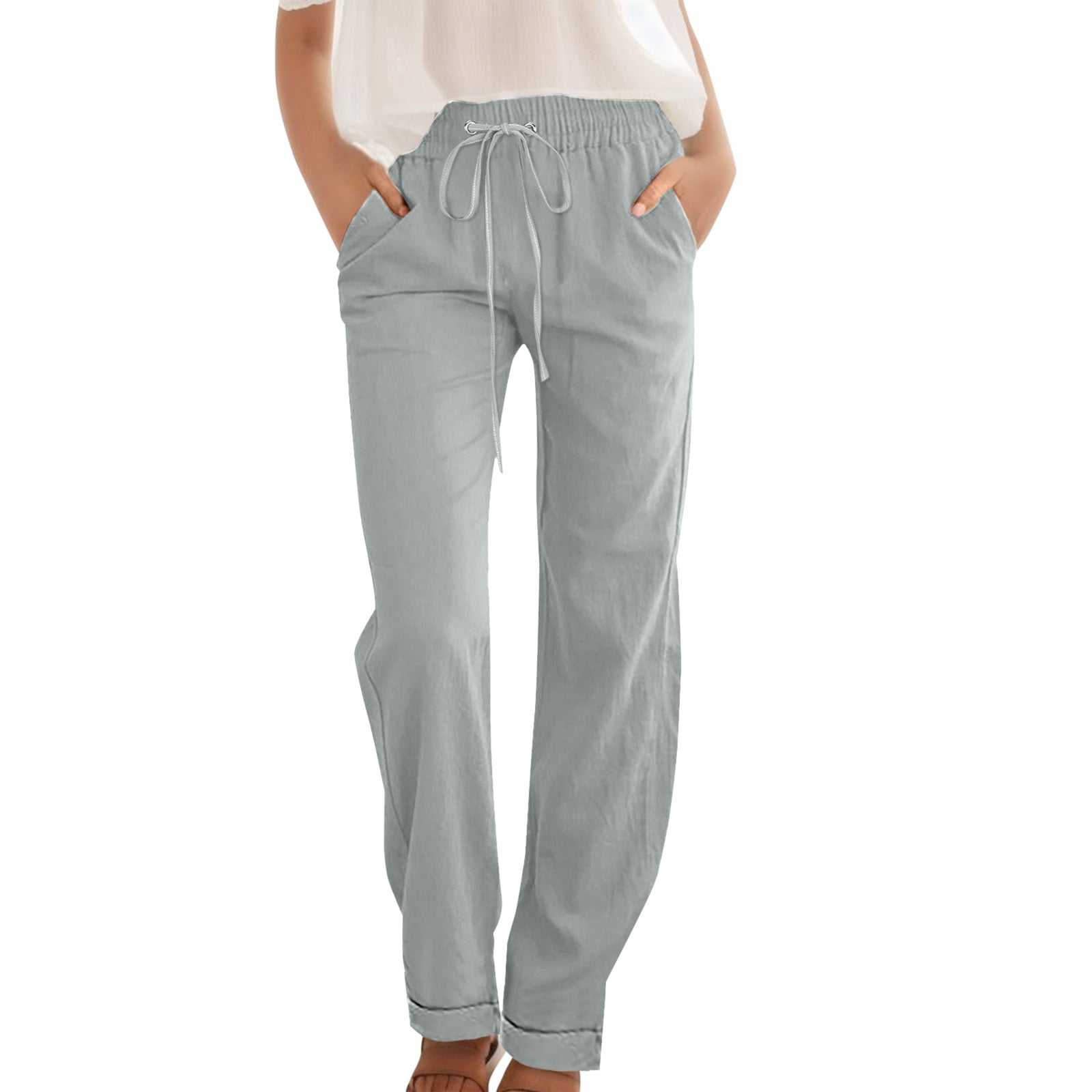 Women Summer Casual Pure Color 100 Cotton Wide Leg Pants 8 main image 0