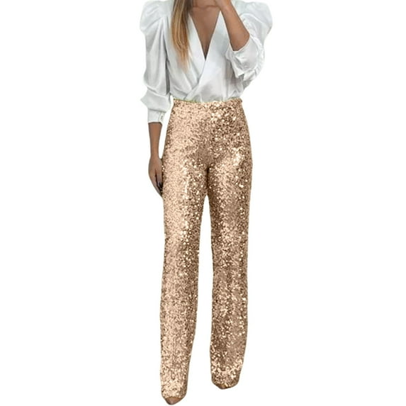 Summer Pants for Women Party Sequin Elastic Waist Slim Fit Elastic Flare Pants Fashion Solid Color Dress Leggings Yoga Women Camp Cropped Rhinestone Leggings plus Workout Womens Gold S