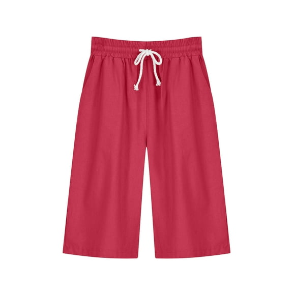 Summer Pants for Women, Plain Comfy Cotton Linen Half Pants with Pockets Casual Lightweight Elasticated Waist Short Trousers Loose Fit Knee Length Beach Pants Pyjama Trousers