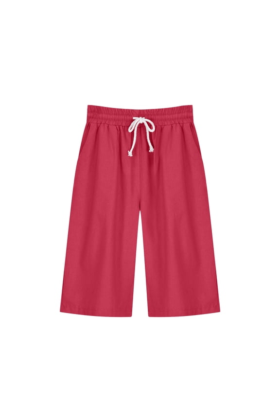 Summer Pants for Women, Plain Comfy Cotton Linen Half Pants with Pockets Casual Lightweight Elasticated Waist Short Trousers Loose Fit Knee Length Beach Pants Pyjama Trousers