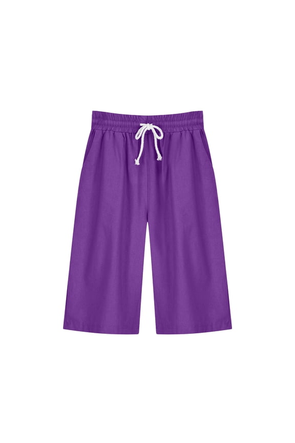 Summer Pants for Women, Plain Comfy Cotton Linen Half Pants with Pockets Casual Lightweight Elasticated Waist Short Trousers Loose Fit Knee Length Beach Pants Pyjama Trousers