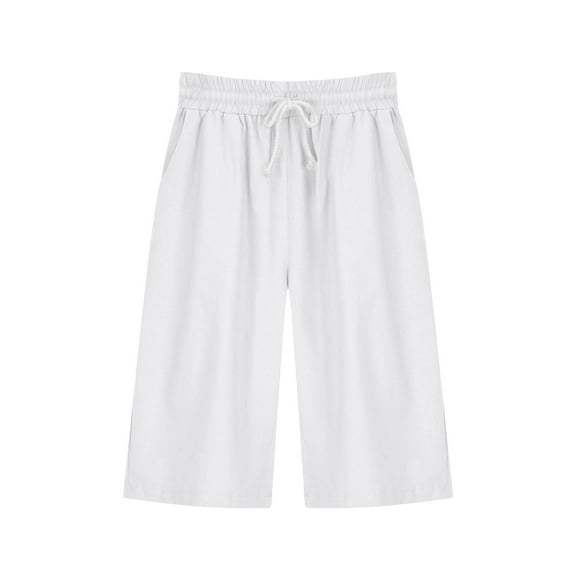 Summer Pants for Women, Plain Comfy Cotton Linen Half Pants with Pockets Casual Lightweight Elasticated Waist Short Trousers Loose Fit Knee Length Beach Pants Pyjama Trousers