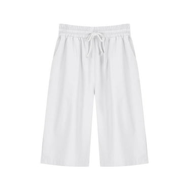 Summer Pants for Women, Plain Comfy Cotton Linen Half Pants with Pockets Casual Lightweight Elasticated Waist Short Trousers Loose Fit Knee Length Beach Pants Pyjama Trousers