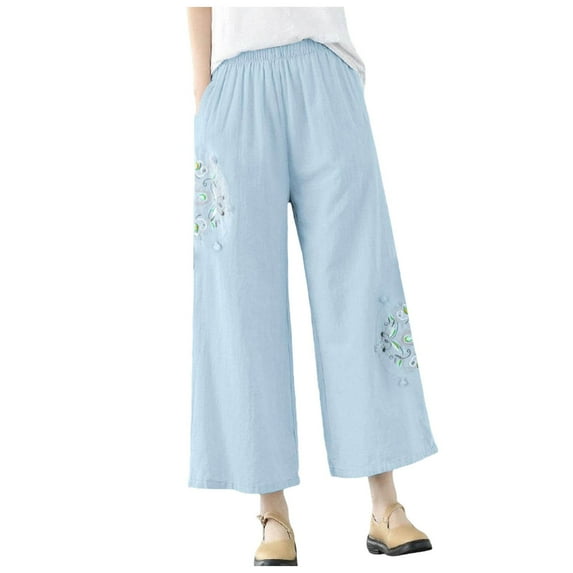 Summer Pants for Women Pocket Pant Workout Pants for Women Loose Fit plus Size Casual Pant Scrub Oilfield Work Clothes S 70s Woman Womens Chambray Trousers Pocket Elastic Breathable Light Blue M
