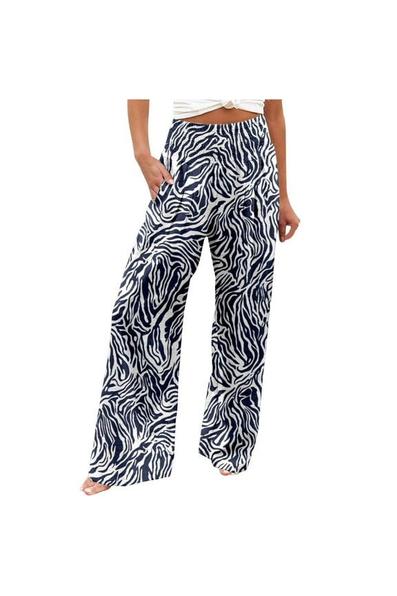 Summer Pants for Women Printed Elastic High Waist Wide Pants Casual Wide Leg Long Casual Belt Pocket Lightweight Summer Petite for Women Petite Length Womens Sweatpants Comfy with Pockets Blue M