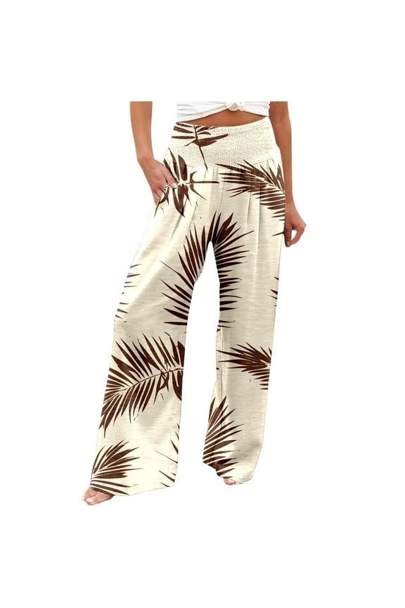 Summer Pants for Women Printed Elastic High Waist Wide Pants Casual Wide Leg Long Casual Belt Pocket Womens Sweat Nice Comfy with Pockets with Elastic Waist for Women Dressy Bottoms Lines Beige 3XL