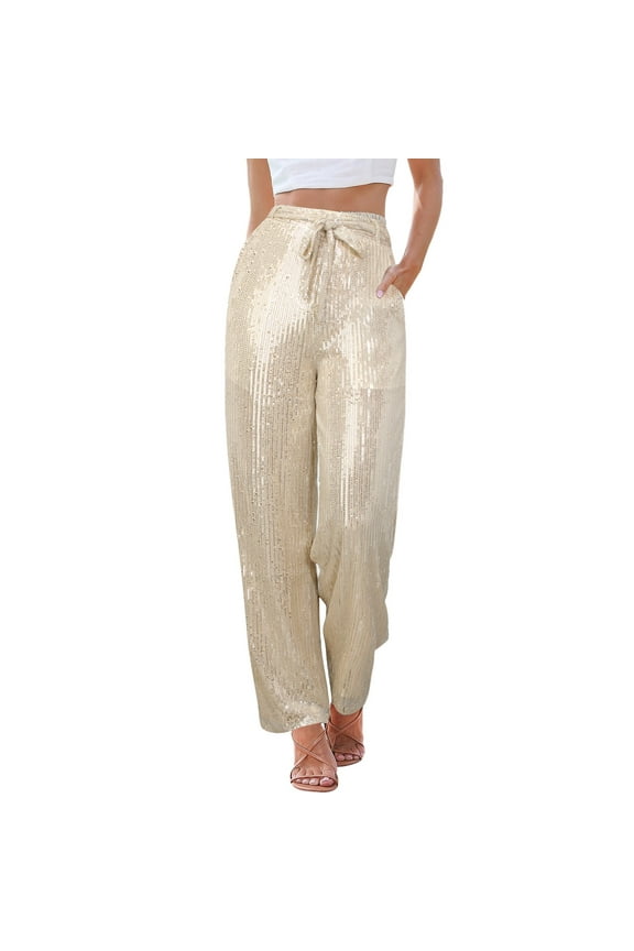 Summer Pants for Women Sequin Pants Shiny Sequins High Waist Wide Leg Flared Flared Nightclub Wear Lounger for Women plus Size Sexy Casual Romper Zipper Sweet Rose Gold L