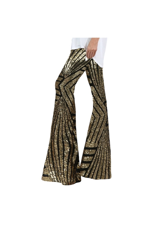 Summer Pants for Women Sequins Wide Leg Pants Fashion Shiny Hight Waist Flared Trousers Disco Dance Long Party Streetwear Womens Casual Exercise Womens Casual Sweat plus Size Pant with Gold XL