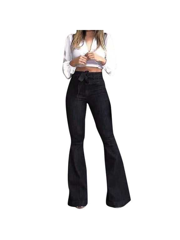 Summer Pants for Women Soild Flare Jeans Elastic Waist Bottom Hem Denim Pants Womens Trendy Clothes Long Casual for Women Flare Yoga Tall Casual Winter with Beaded Black L