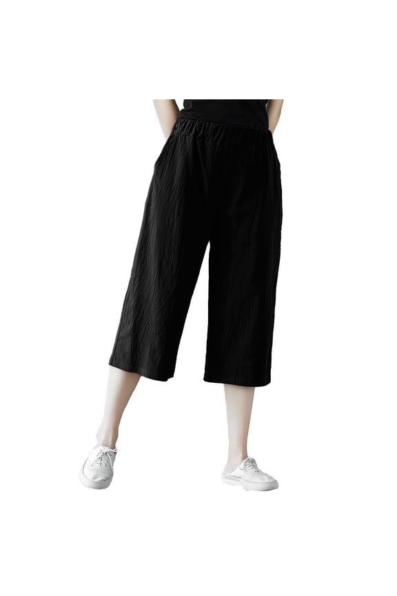 Summer Pants for Women Solid Casual Pocket Wide Leg Pants Elastic Waist Loose Cropped Trousers Fuzzy Sweatpants Women Sweet Travel Pant Casual Wear Petite Comfortable Black 3XL