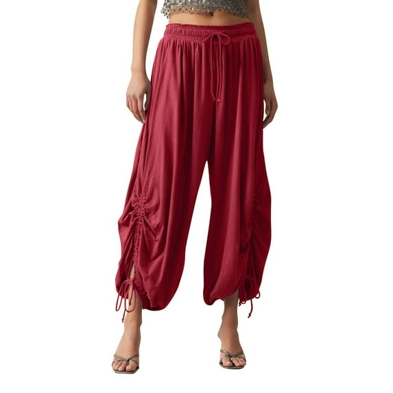 Summer Pants for Women Solid Color Casual Loose Elastic Waist Drawstring Harem Casual Pants plus Size for Women 2x Workout Trendy Cute Stretch Dress Red 2XL