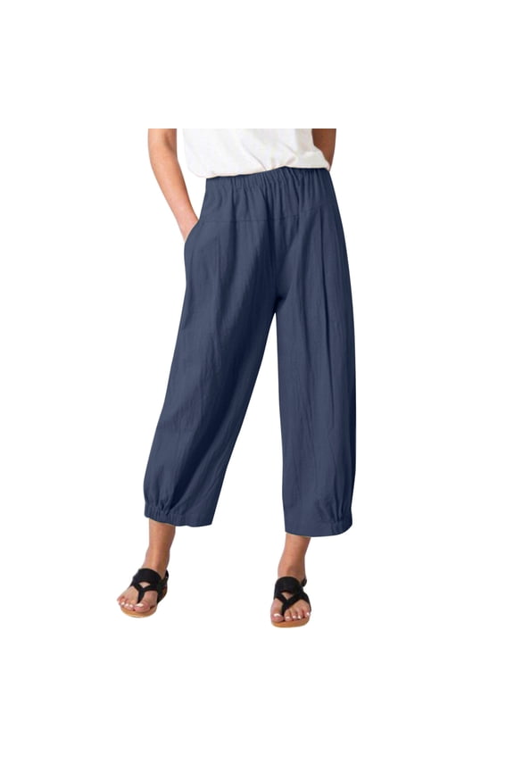 Summer Pants for Women Solid Color Elastic Waist Stitching Straight High Waist Cropped Casual Pants Woman Wide Leg Suites Casual for Women S Wear Fit plus Womens Leopard Navy 2XL