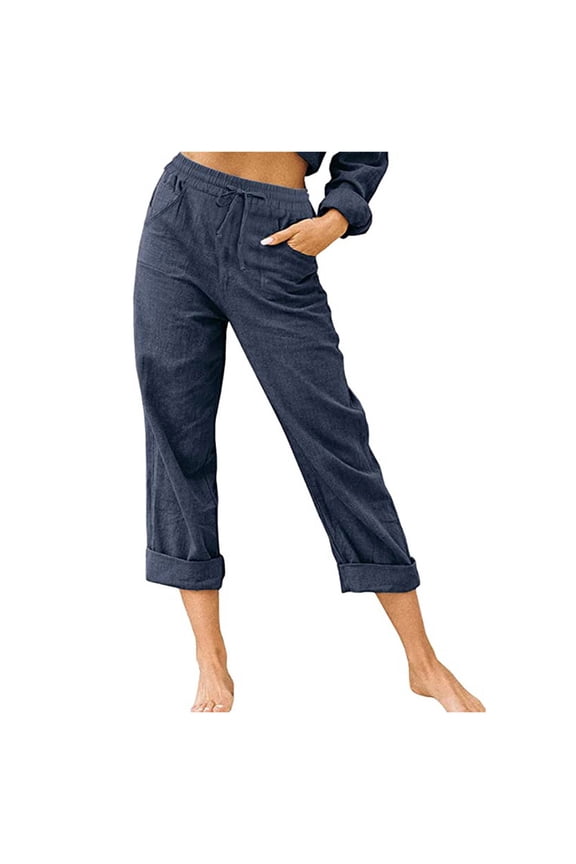 Summer Pants for Women Solid Color High Waist Pants And Linen Casual Cropped Trousers Fancy for Women Sequined Smart Skin Pant Sequin Flare Casual Drawstring Navy 2XL