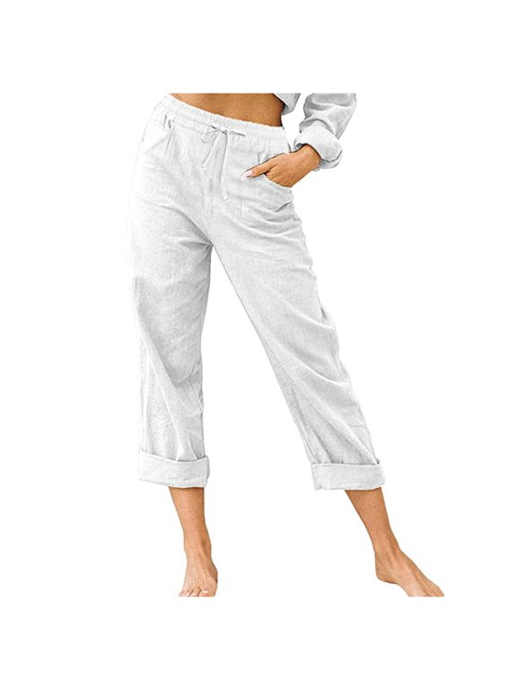 Summer Pants for Women Solid Color High Waist Pants And Linen Casual Cropped Trousers Fancy for Women Sequined Smart Skin Pant Sequin Flare Casual Drawstring White XL