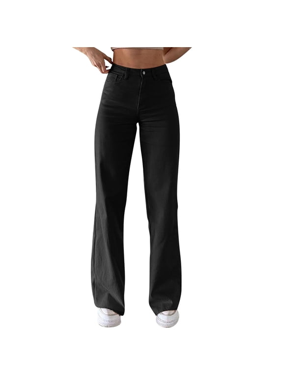 Summer Pants for Women Solid Color Jeans Sagging Loose Slim Waist Straight Pants Women's Casual Jeans Comfy Elastic Womens Work Rave Women Slim Athletic Casual Tied Sweat Beach Black M