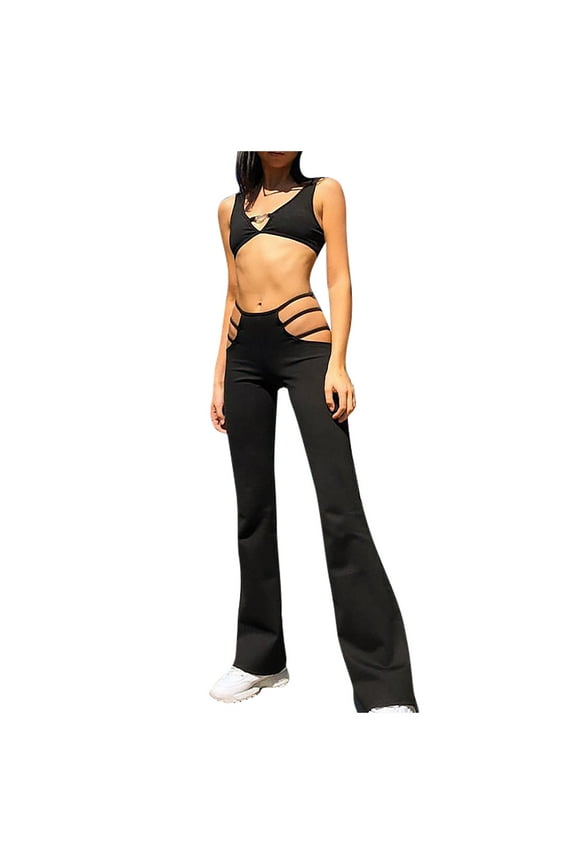 Summer Pants for Women Solid Color Sexy Low Waist Ladder Cutout Textured Flare Long Pants Soft Casual for Women Lady with Pocket Slim Fit Work Work Casual Comfortable Winter Running Black M