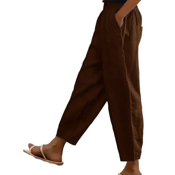 Summer Pants for Women Solid Pants High Waisted Wide Leg Fashion Drawstring Elastic Trousers Comfy Straight Leg Long With Pockets Indoor Soccer Linen Women Wide Summer Casual Brown M