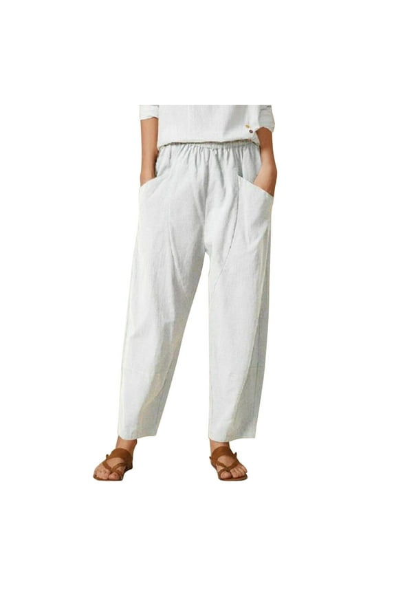 Summer Pants for Women Solid Pocket Elastic Waist Loose Casual Harem Pants Clothes for Women Work Hiking Travel Wide Trousers Pant Jean Casual Compression Dress Travel Yoga White 2XL