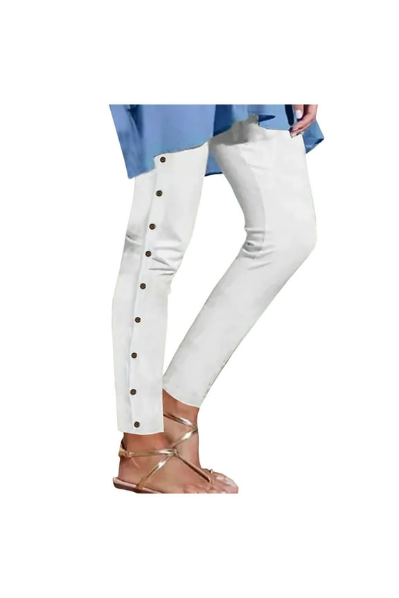 Summer Pants for Women Spring Fashion Leggings Long Pants High Waisted Slim Stretchy Versatile Multiple Buttons Athletic Cold Weather Training Petite for Women Knit Casual Womens Wool White M