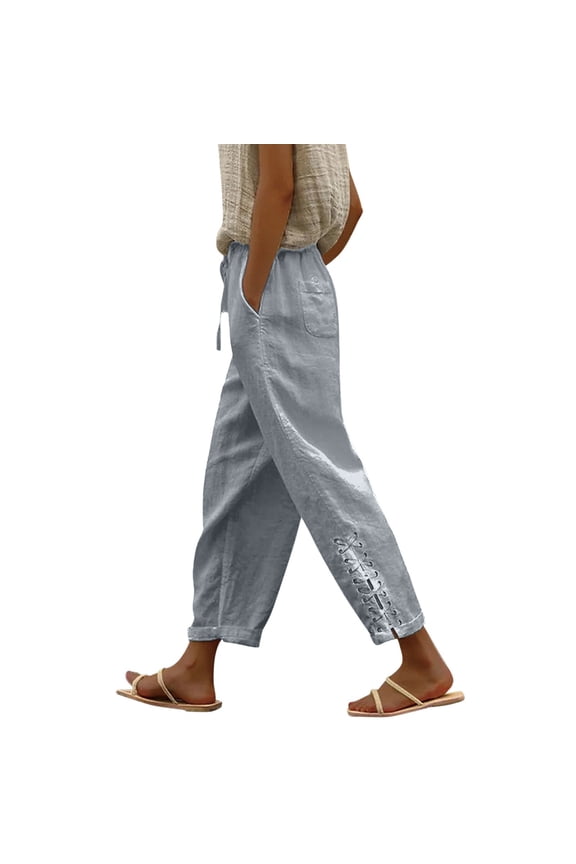 Summer Pants for Women Suitable High Waist Pants Drawstring Capri With Pockets Wide Leg Cropped For Women Business Casual Flax Beach Cover up Clothes Work Fashion Grey L