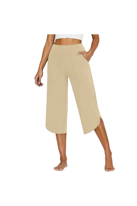 Summer Pants for Women Summer Capris For Women Casual Wide Leg Yoga Pants Loose Stretch Capri High Waisted Workout With Pockets Women's Trouser Slim Casual Cropped Paper Bag Waist with Beige M