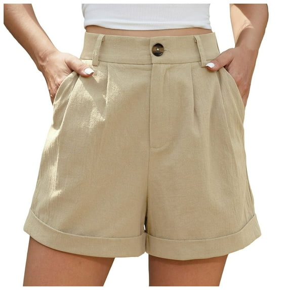 Summer Pants for Women Summer High Waist Linen Shorts Roll Up Pleated Zippered Wrap Hem Wide Leg Shorts With Pockets Casual High Waist Pants for Women Work Clothes Business Soccer Flare Yoga Khaki XL