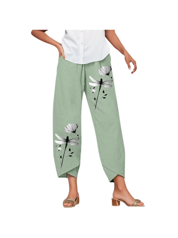 Summer Pants for Women Summer Ink Wash Style Printed Elastic Straight Tube Irregular Tapered Casual Pants Sequin Flare Women Woman Pajama Seersucker Maternity French Sweatpants Ladies with Light