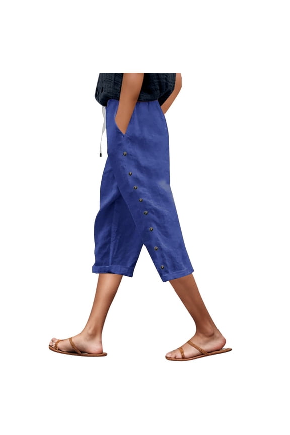 Summer Pants for Women Summer Lightweight Linen Solid Tie Waist Side Button Pocket Capri Pants Comfortable High Waisted Casual Cropped For Women Stylish And Breathable Leopard plus Size Blue XL