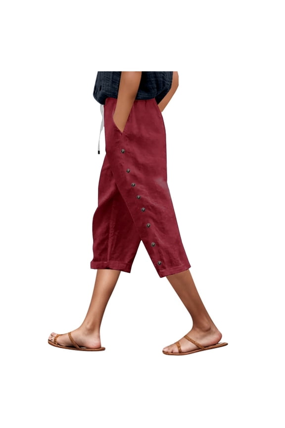 Summer Pants for Women Summer Lightweight Linen Solid Tie Waist Side Button Pocket Capri Pants Comfortable High Waisted Casual Cropped For Women Stylish And Breathable Leopard plus Size 2XL