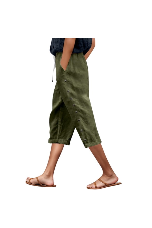 Summer Pants for Women Summer Lightweight Linen Solid Tie Waist Side Button Pocket Capri Pants Comfortable High Waisted Casual Cropped For Women Stylish And Breathable Work Fashion Army Green 2XL