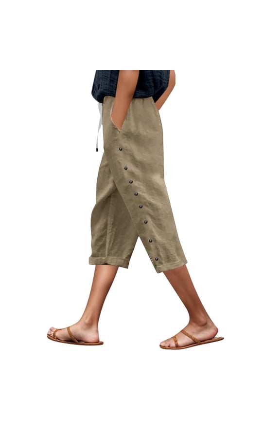 Summer Pants for Women Summer Lightweight Linen Solid Tie Waist Side Button Pocket Capri Pants Comfortable High Waisted Casual Cropped For Women Stylish And Breathable Leopard plus Size Khaki L