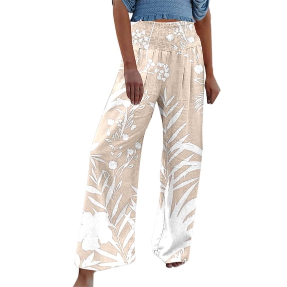 Summer Pants for Women Summer Print Elastic High Waist Wide Pants Casual Wide Leg Long Casual Belt Pocket Suit for Women Woman Petite Waist Yoga Pant Fashion Leather plus Beige M