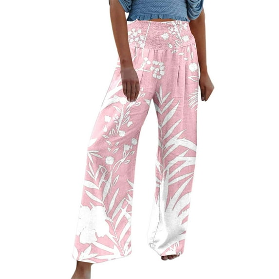 Summer Pants for Women Summer Print Elastic High Waist Wide Pants Casual Wide Leg Long Casual Belt Pocket Suit for Women Woman Petite Waist Yoga Pant Fashion Leather plus Pink M