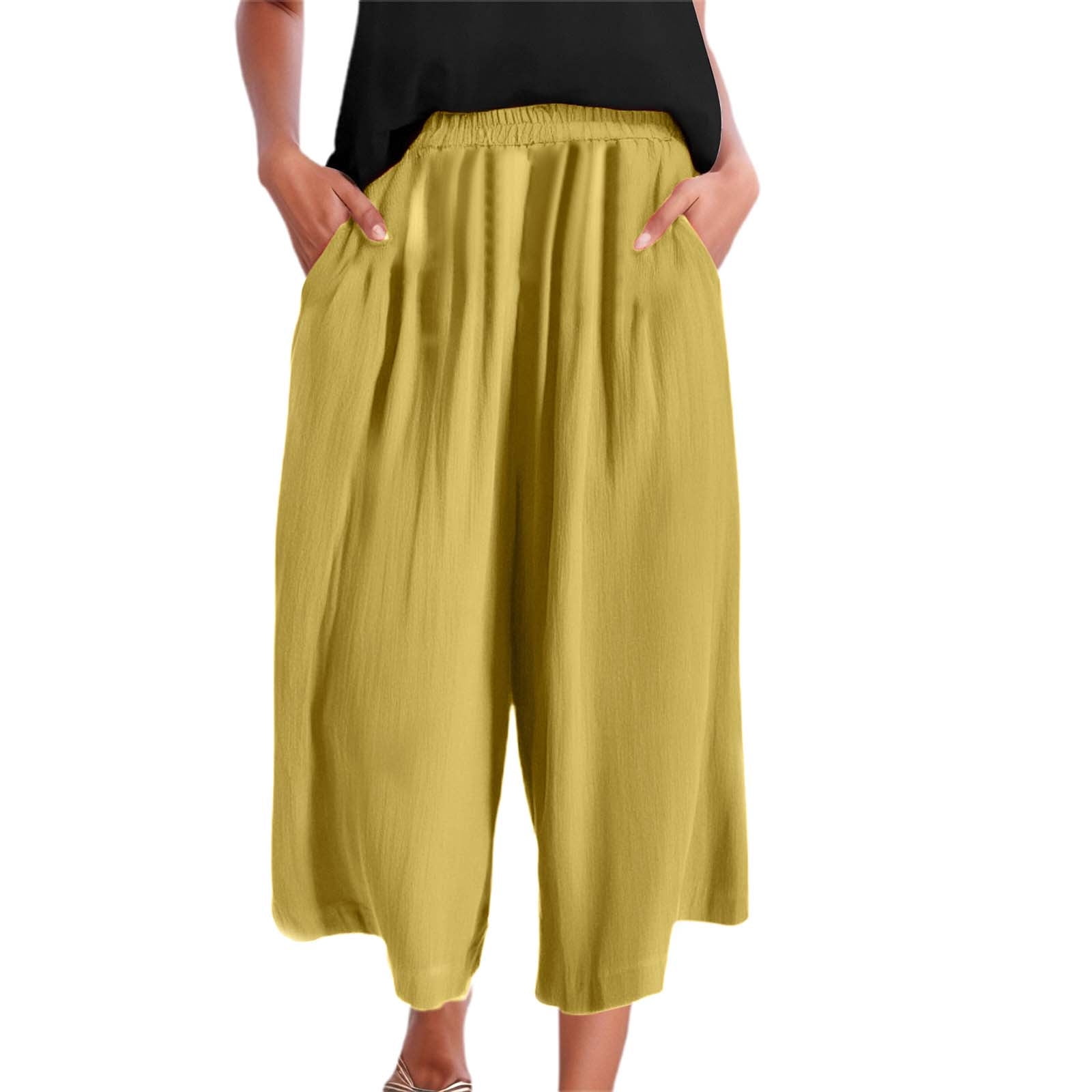 Women Summer Retro Pure Color Cotton Wide Leg Pants