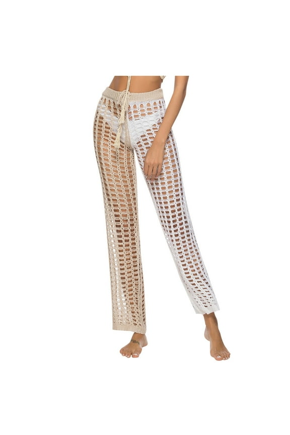Summer Pants for Women Tassel Hollow Knit Cropped Pants Crocheted Beach Womens Wide Leg for Summer High N Athletic Business Casual Women plus Size Brocade plus Yoga Pant Size Khaki One Size